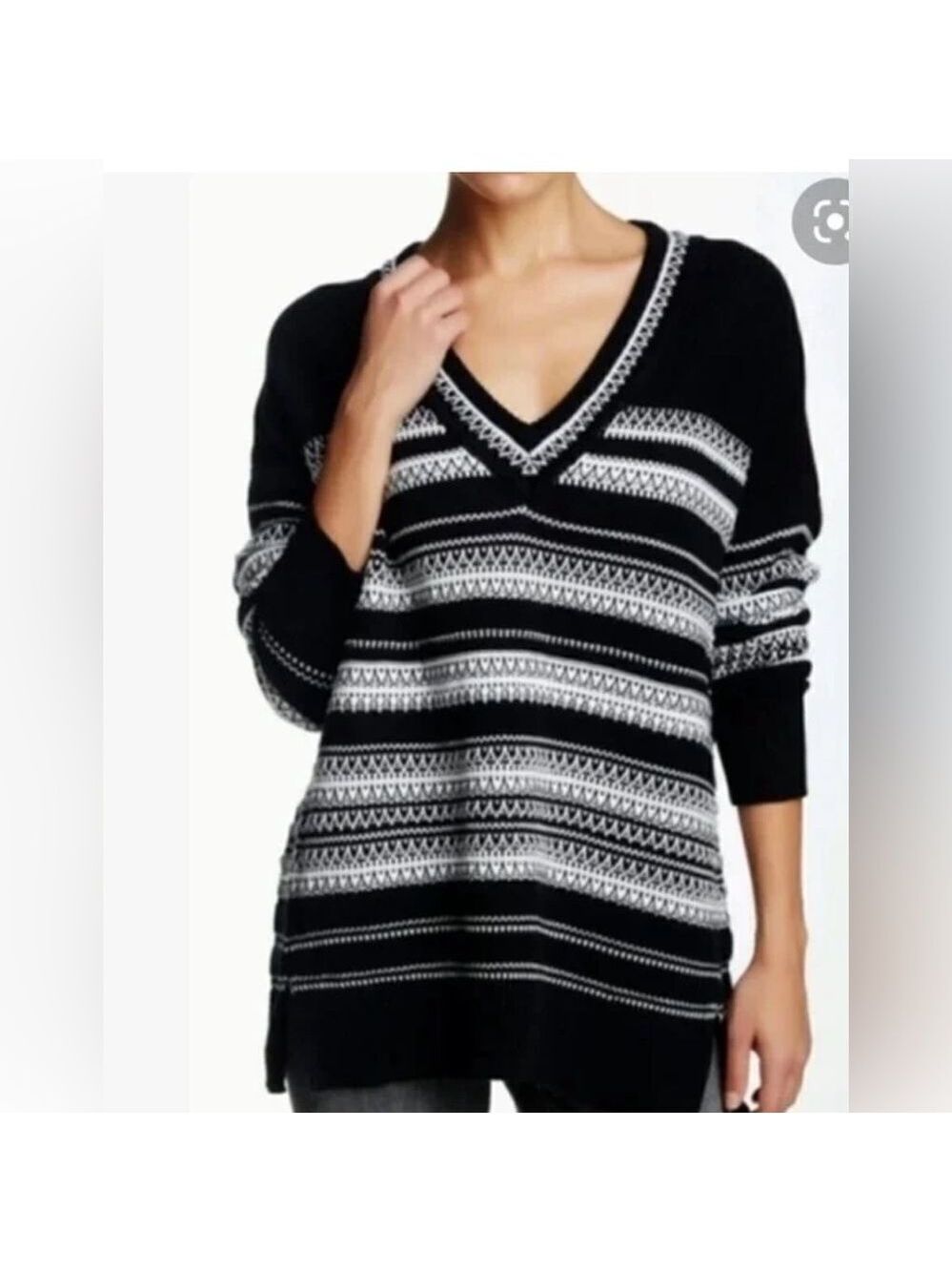 Vince Striped Textured V-Neck Cotton Sweater